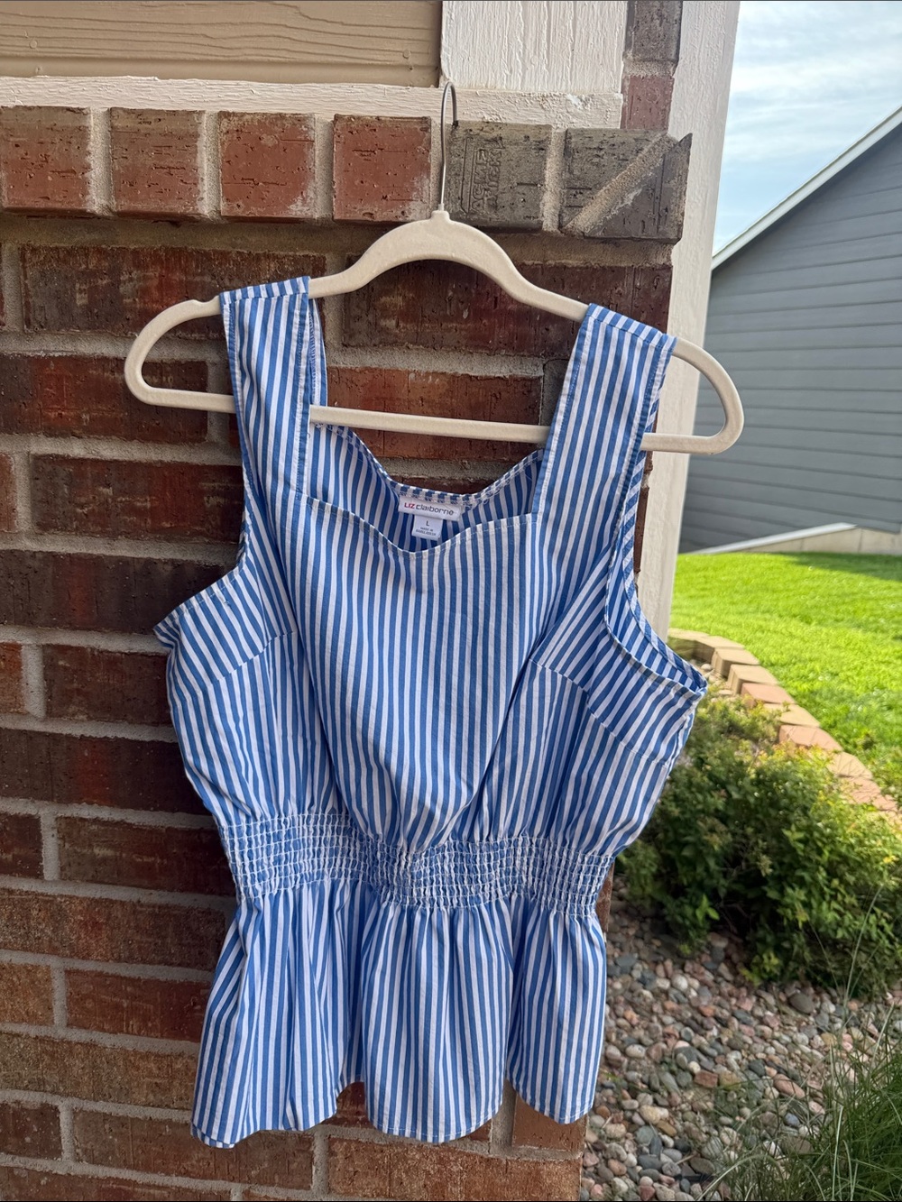 Liz Claiborne Ladies L  Blue and White Striped Smocked Peplum Waist Tank Top